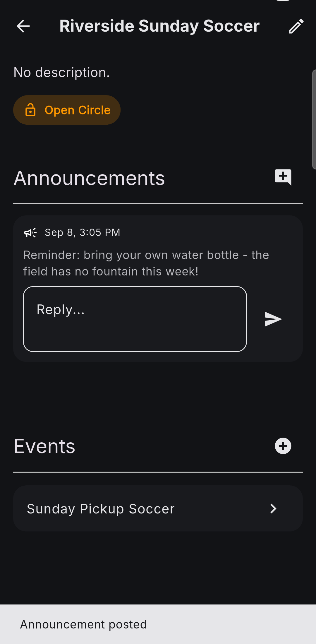 Cube circle announcement reminding members to bring their own water bottle, with a reply box underneath