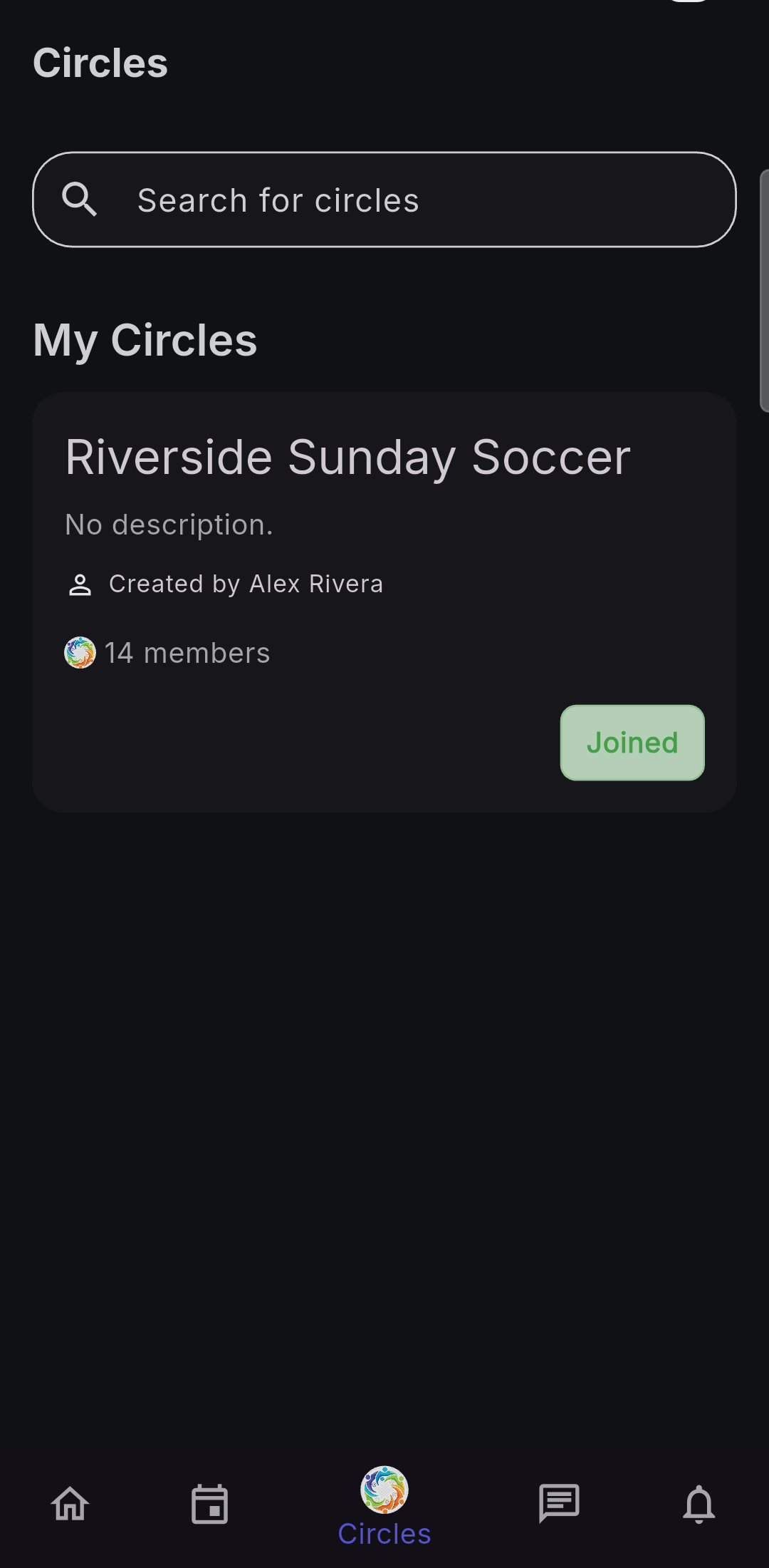 Cube Circles list showing the Riverside Sunday Soccer community with 14 members