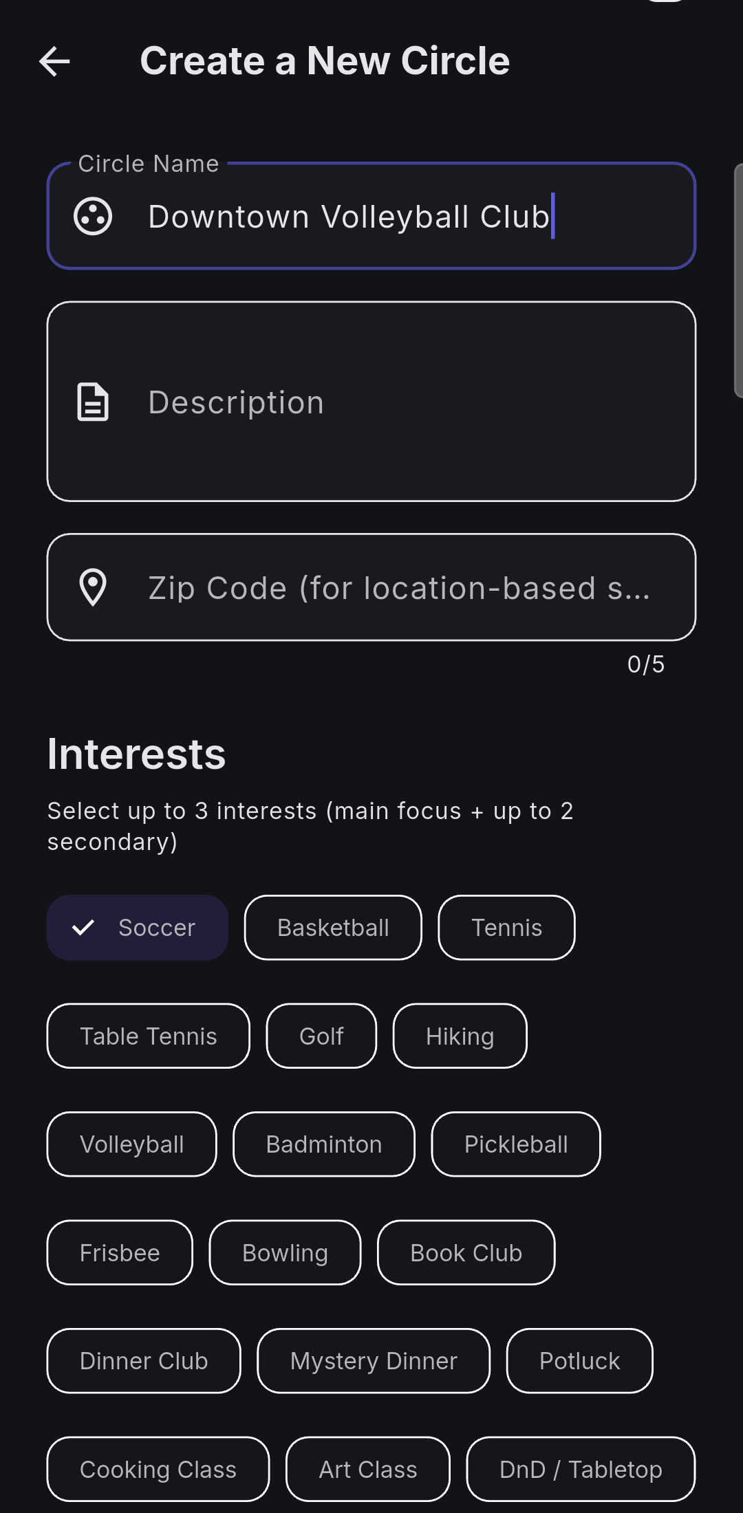 Cube create a new circle screen with a circle name and interest tags like Soccer