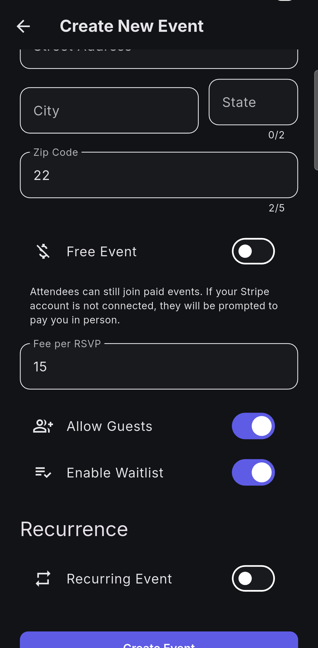 Cube create event screen with Free Event toggled off and a Fee per RSVP field showing $15, with built-in Stripe payment messaging