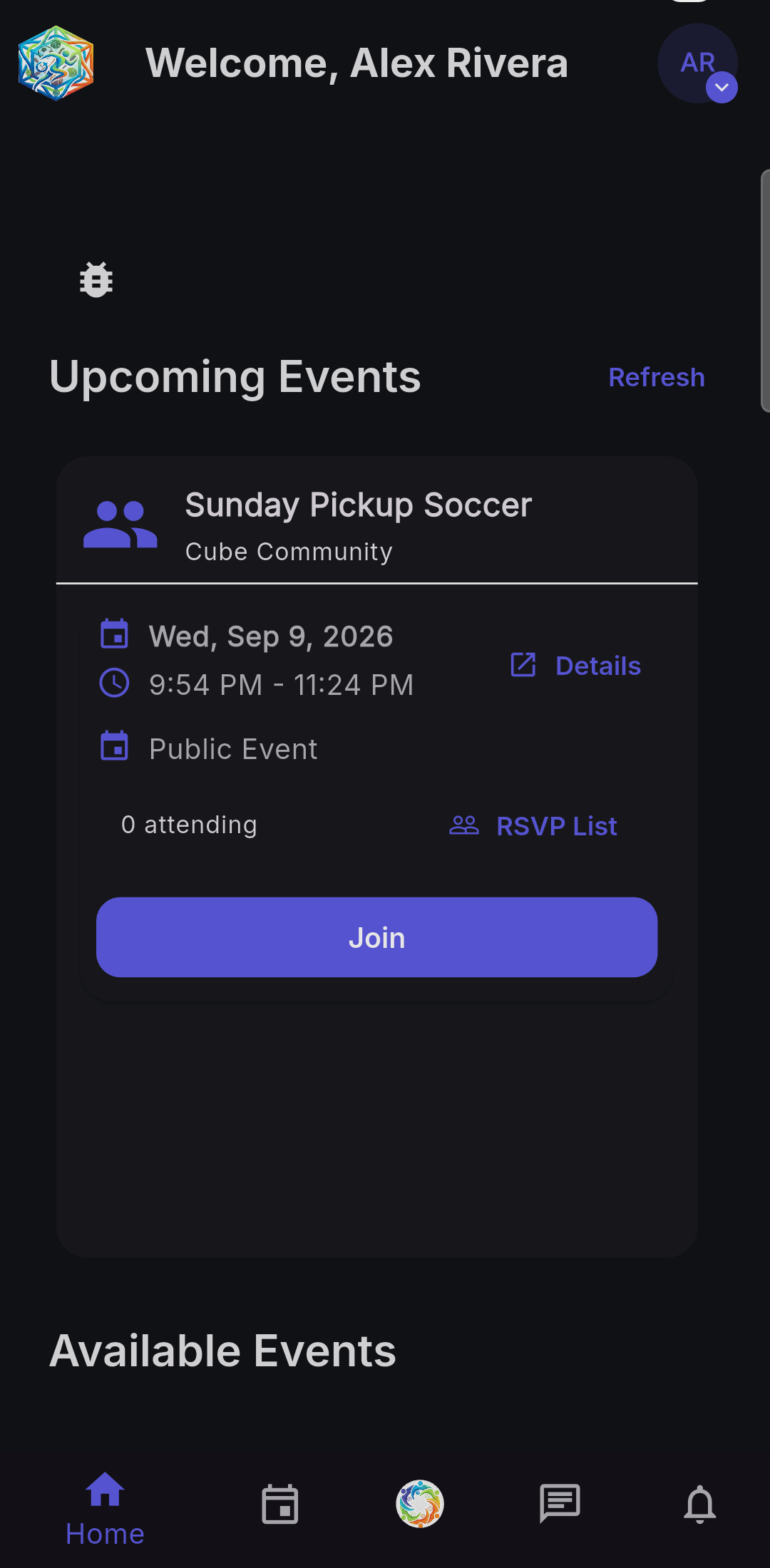 The Cube app home screen showing an upcoming Sunday Pickup Soccer event with a one-tap Join button