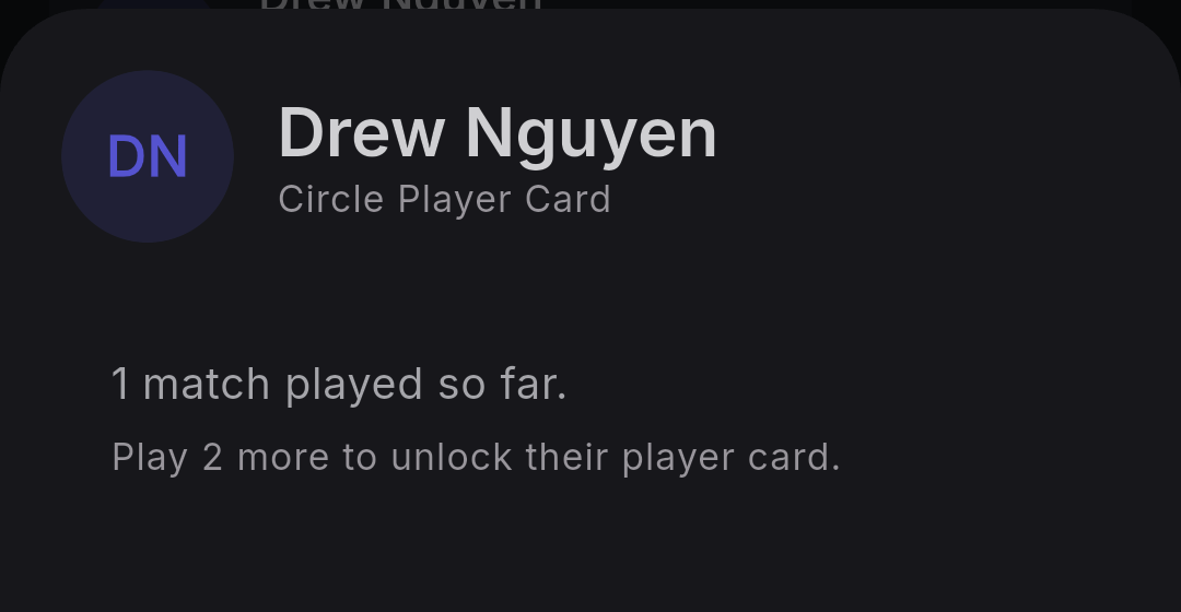 Cube player card showing a participant's growing profile as they play more matches