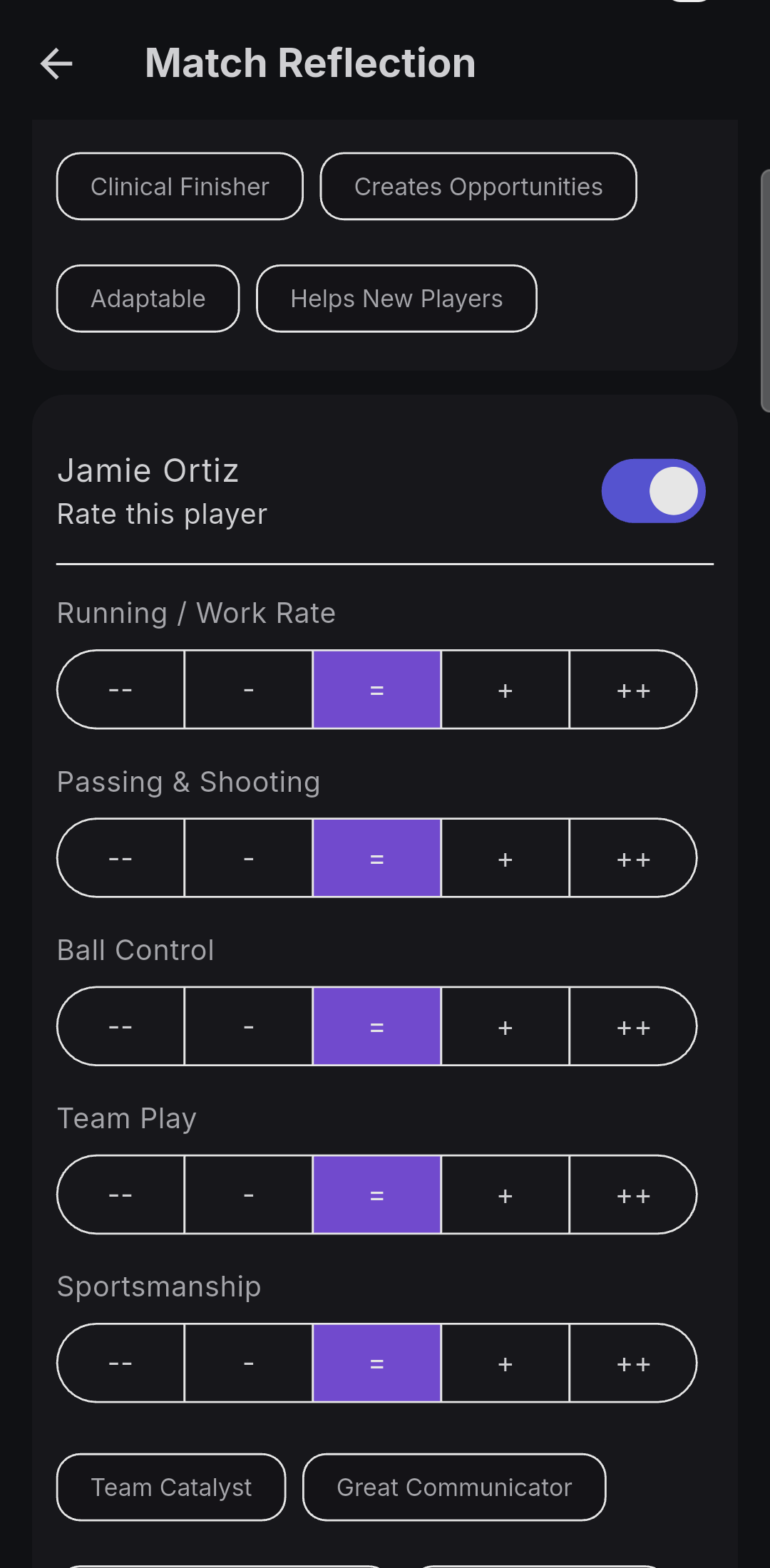 Cube match reflection screen where players rate teammates on running, passing, ball control, team play, and sportsmanship