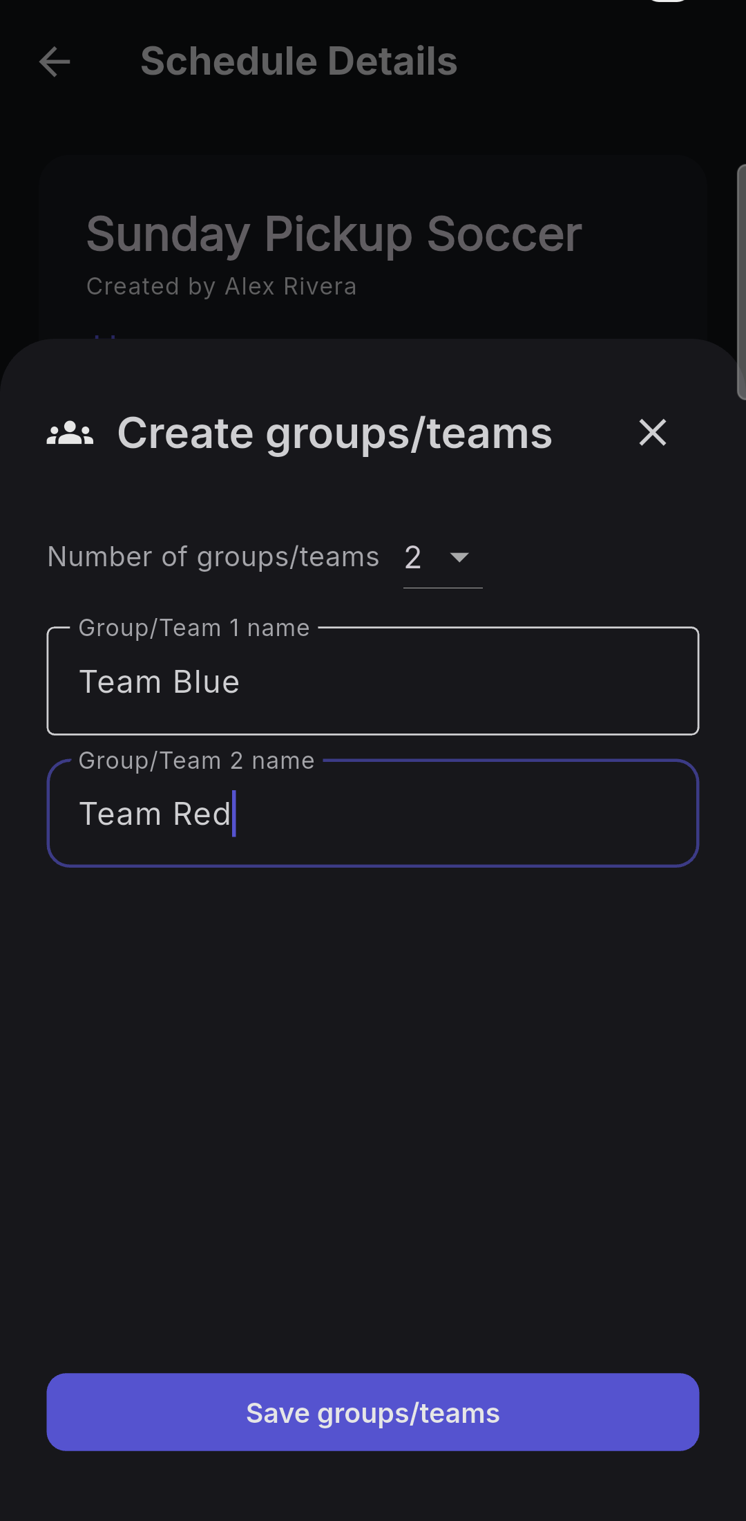 Cube's Create groups/teams dialog where an organizer names Team Blue and Team Red before Cube splits confirmed attendees between them